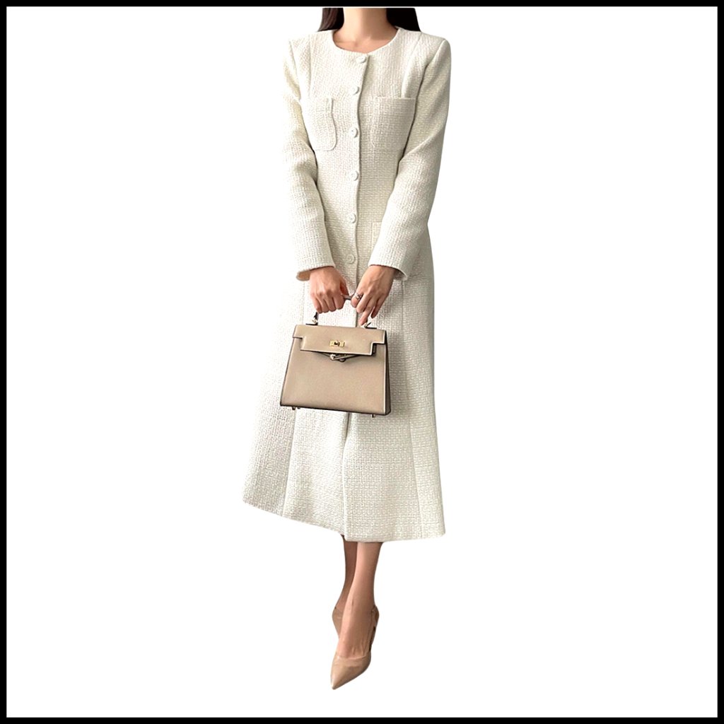 Long Sleeve Tweed Blazer Dress, Slim Fit A-Line, Button Front, Pockets